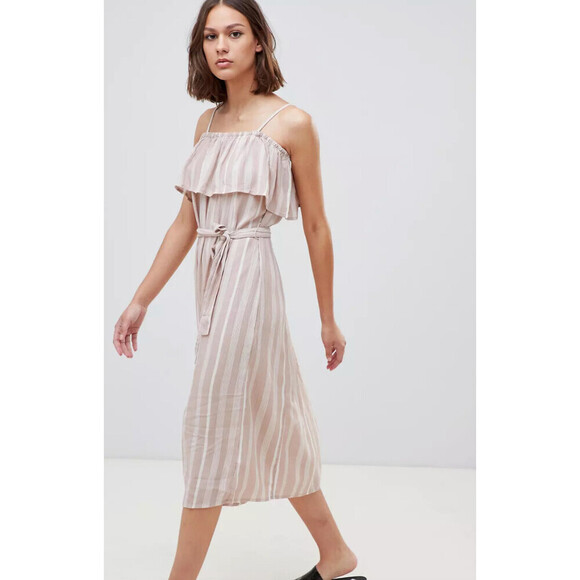 Ichi Dresses & Skirts - ICHI Marrakech Cold Shoulder Waist Tie Dress in Roebuck Stripe Size S